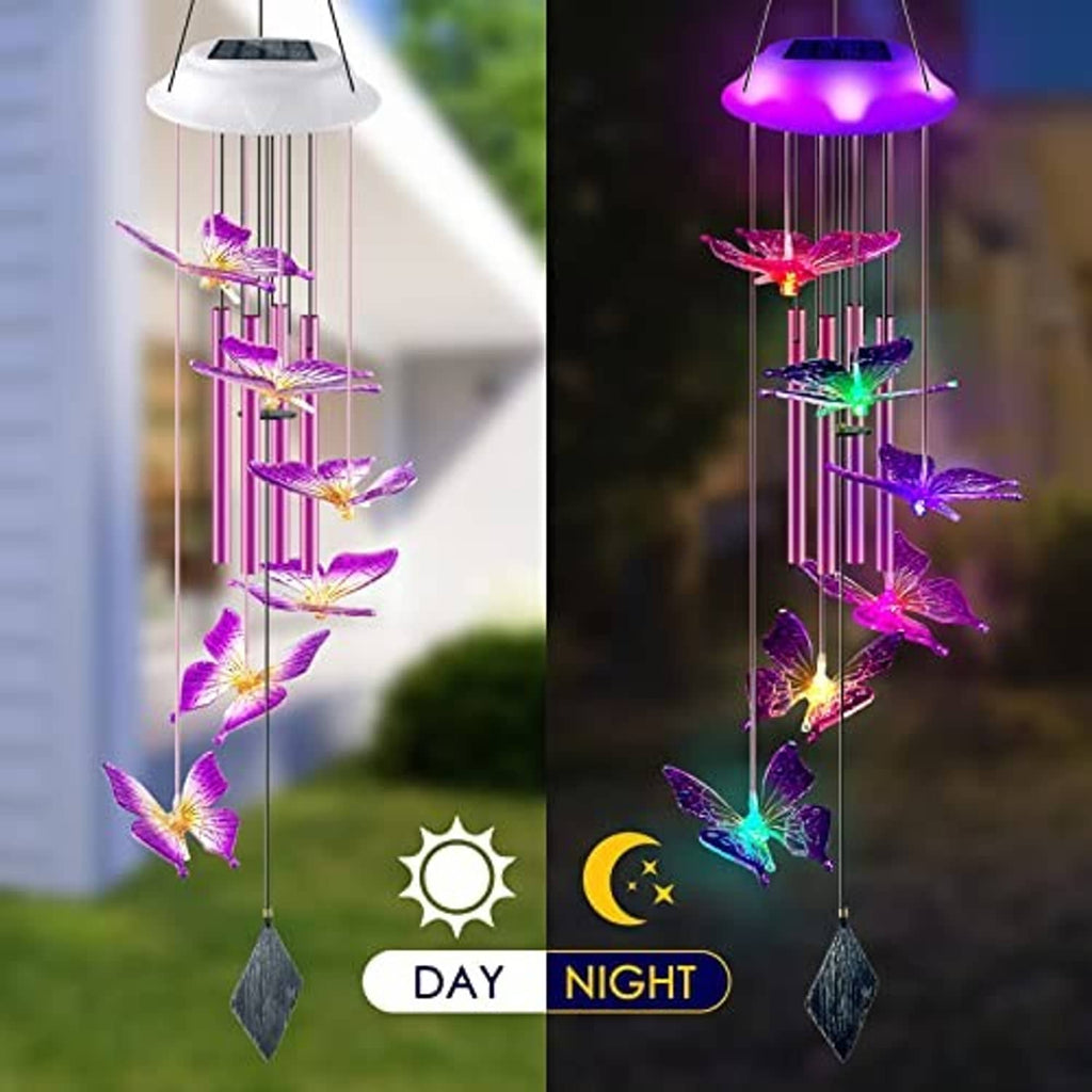 Solar butterfly wind chime with daytime purple tubes and nighttime multicolor glowing butterflies