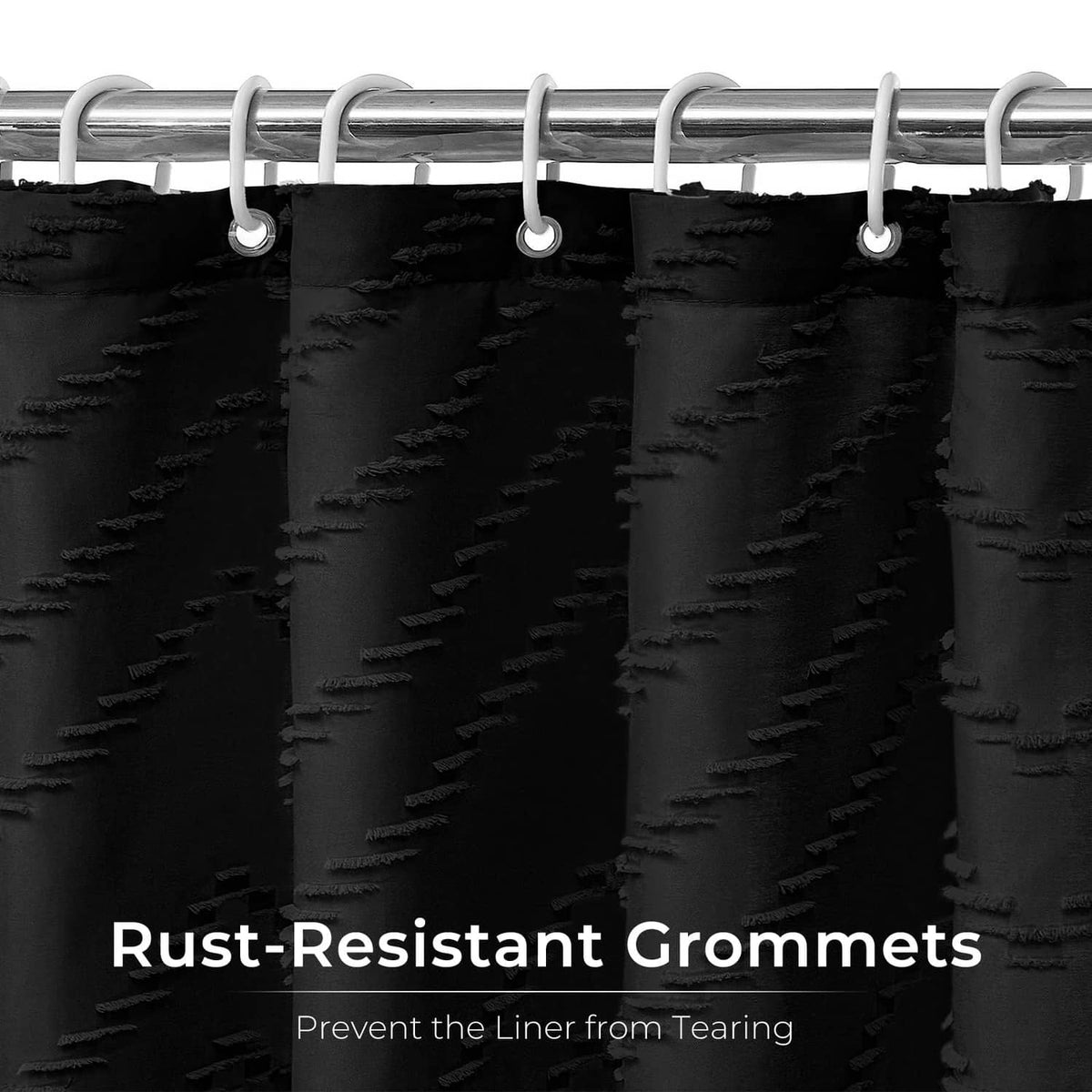 Black shower curtain with rust-resistant grommets along the top header