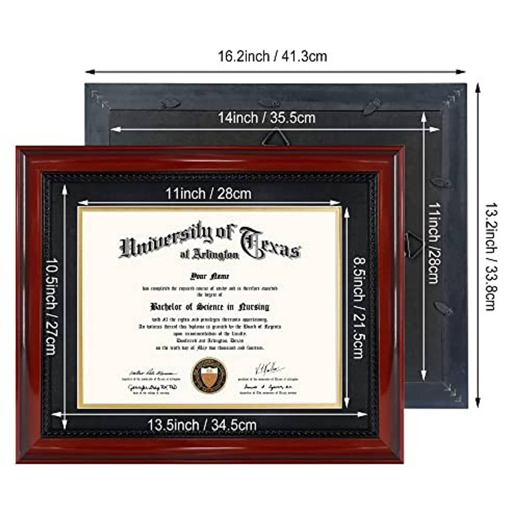 Cherry diploma frame with mat and certificate window, dimension graphic overlay