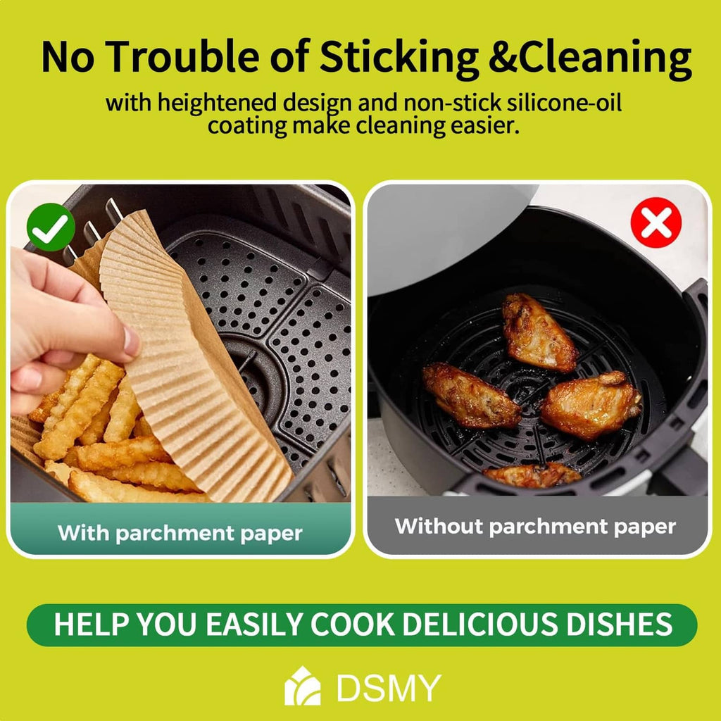 Air fryer paper liners with non-stick silicone-oil coating for easier cleaning