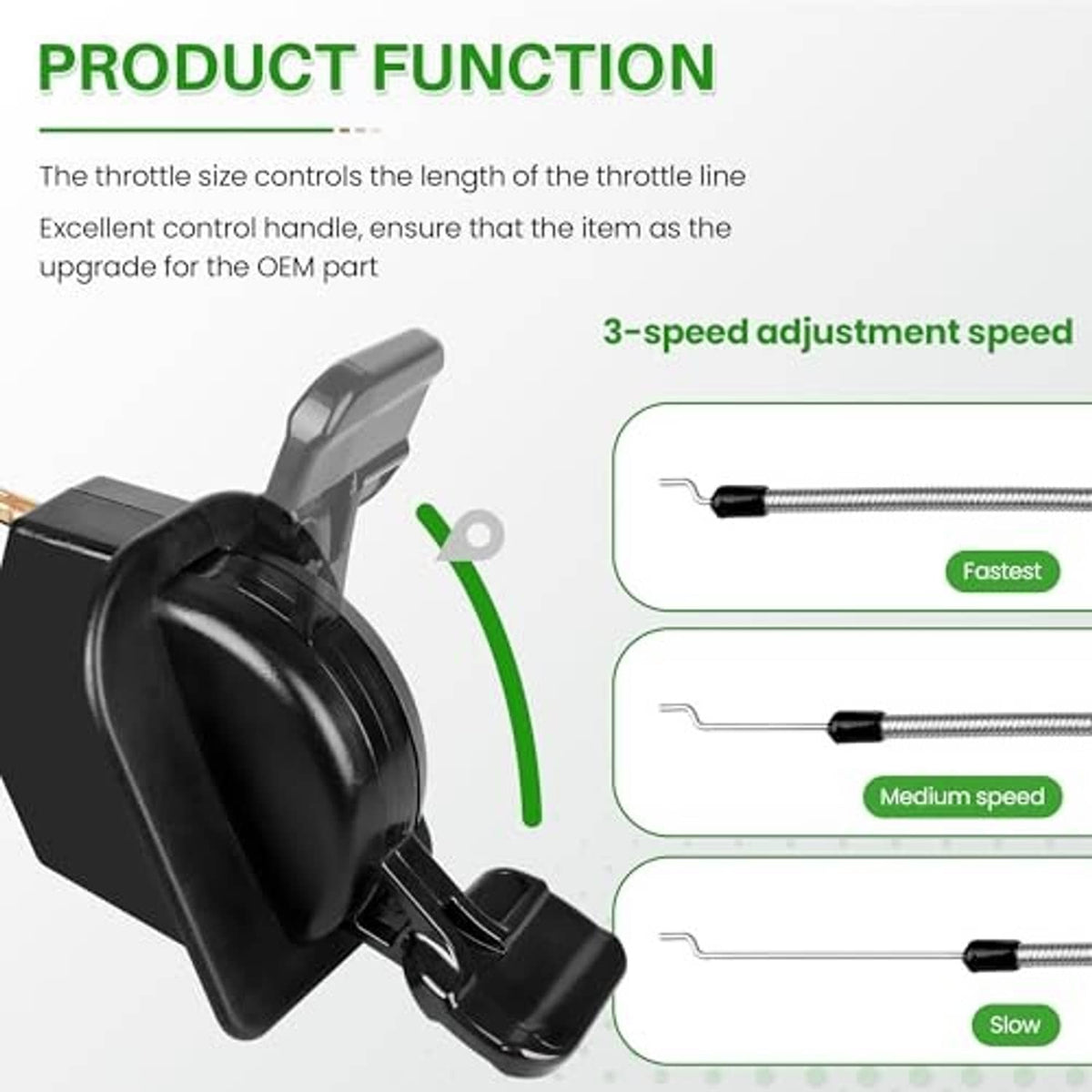 Throttle control cable showing three speed positions on black control handle