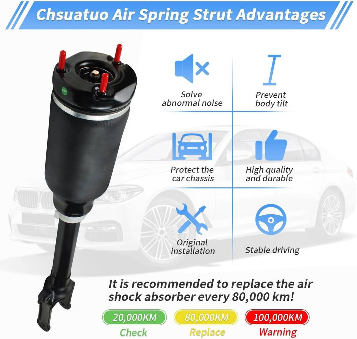 Black air suspension shock strut with top mount and visible red valve ports