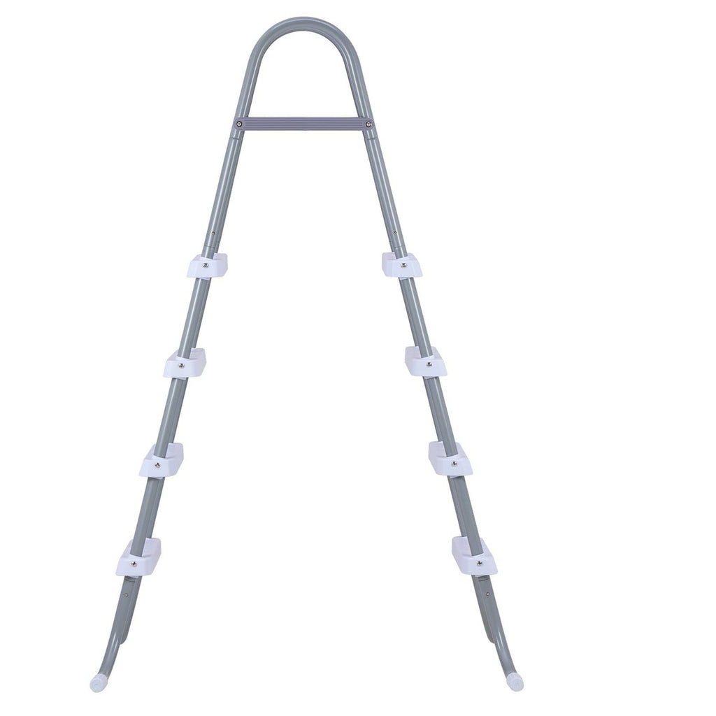 Gray 4-step A-frame pool ladder with arched handrails and four step frames