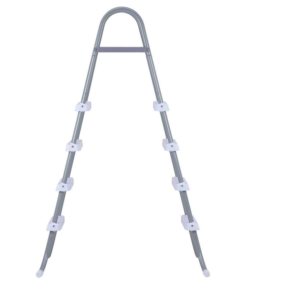 Gray 4-step A-frame pool ladder with arched handrails and four step frames