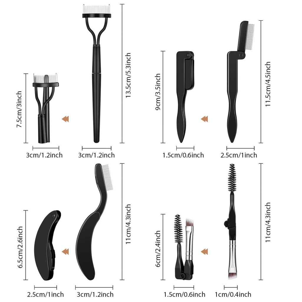 Four-piece folding eyebrow and eyelash comb set with labeled size measurements