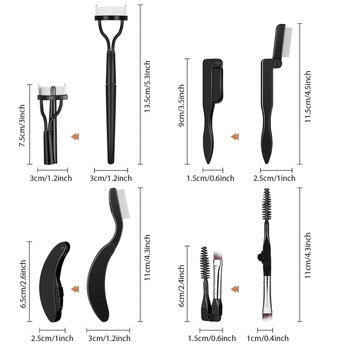 Four-piece folding eyebrow and eyelash comb set with labeled size measurements
