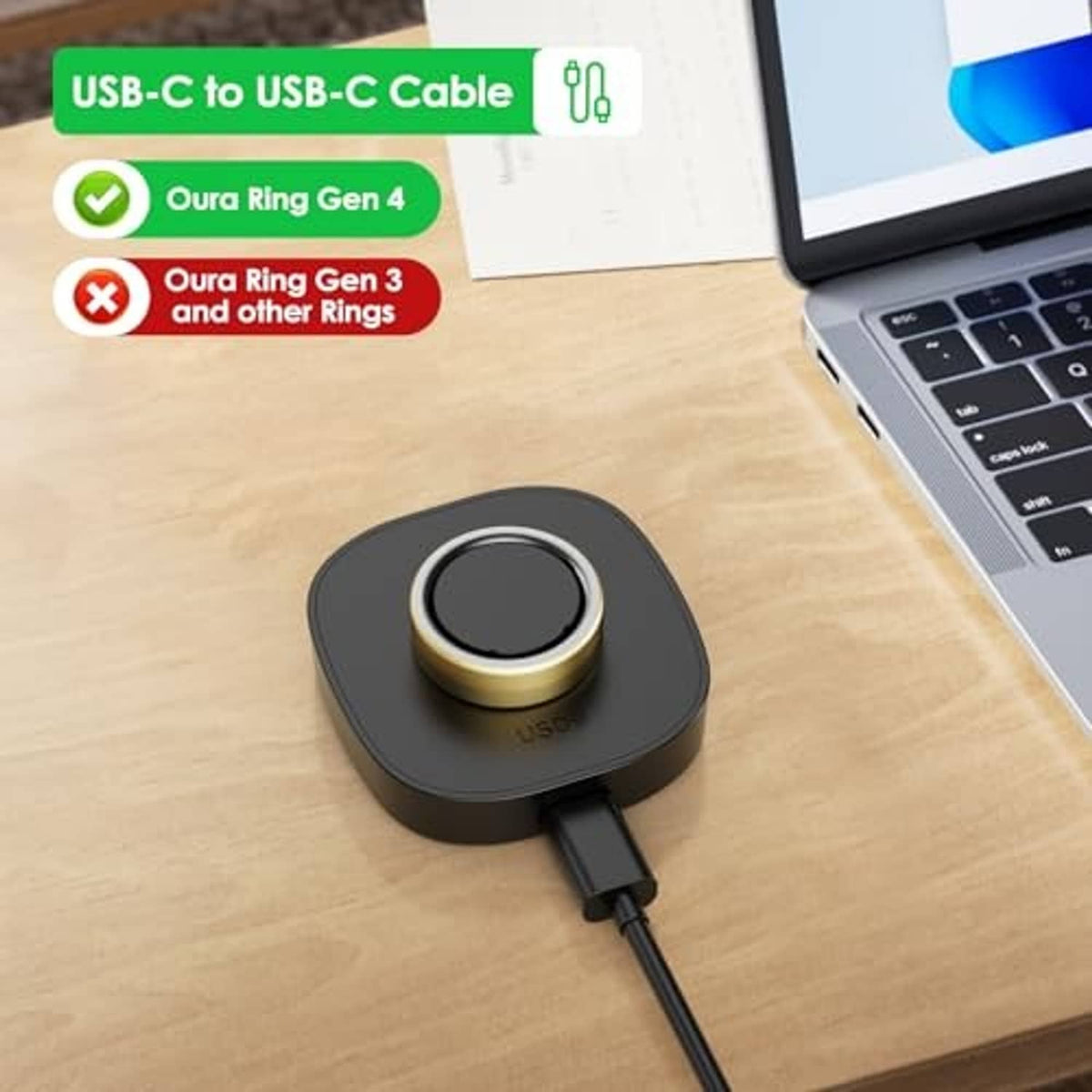 Black charging dock connected to USB-C cable on a wooden desk