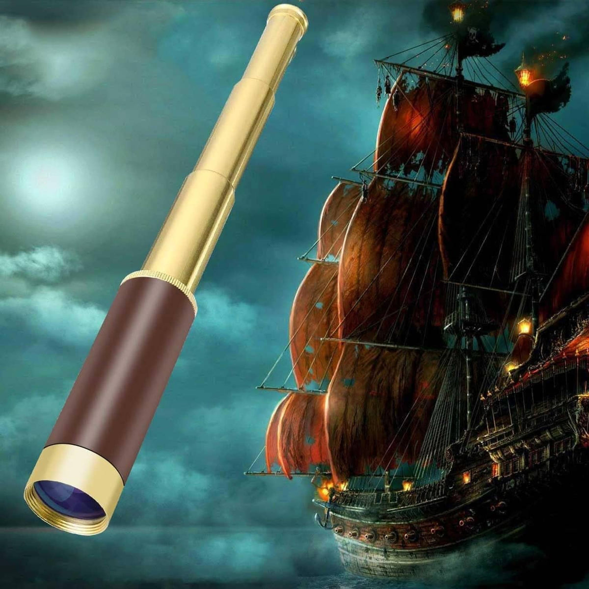 Pirate monocular telescope, gold eyepiece and maroon barrel