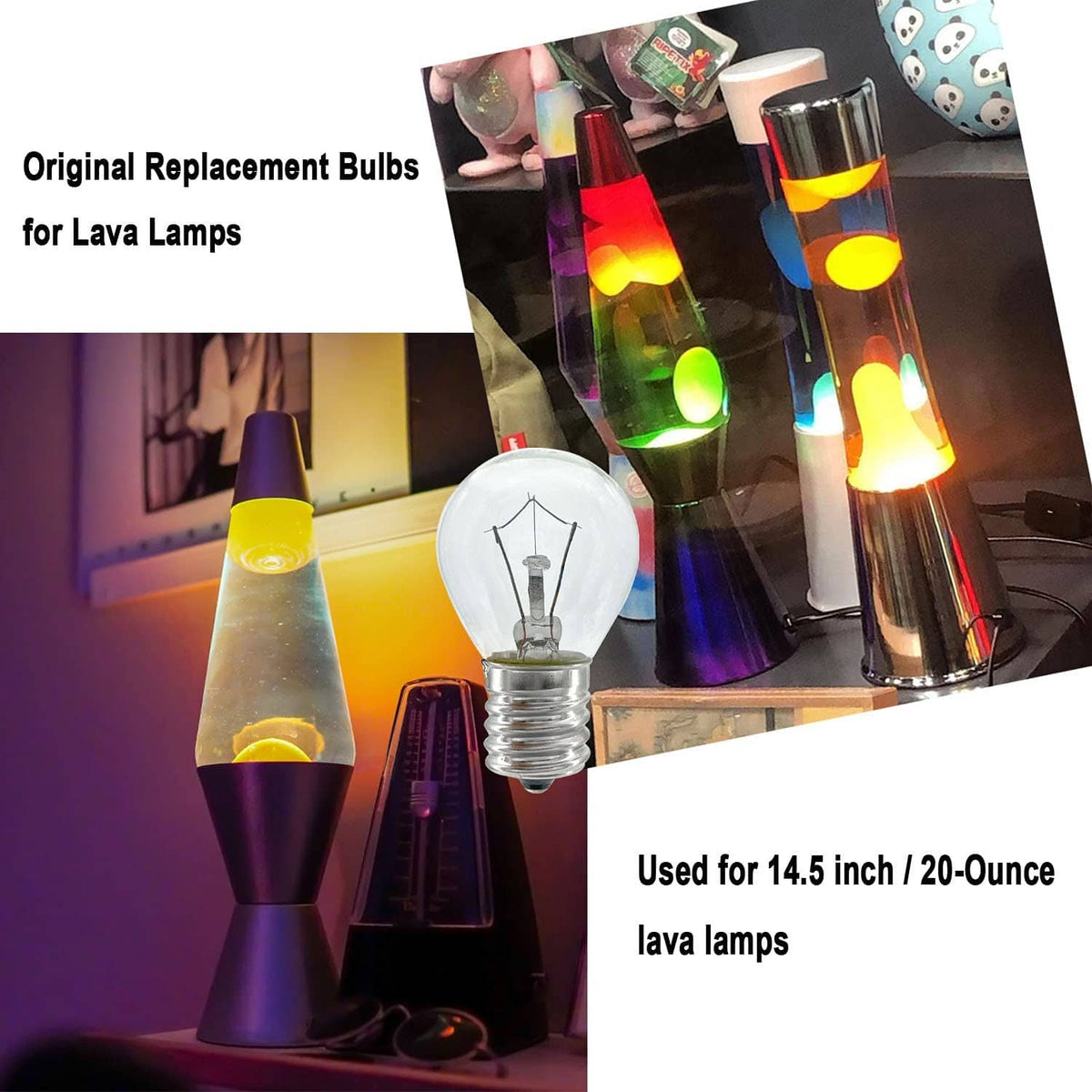 Replacement lava lamp bulbs package with clear screw-base bulb shown