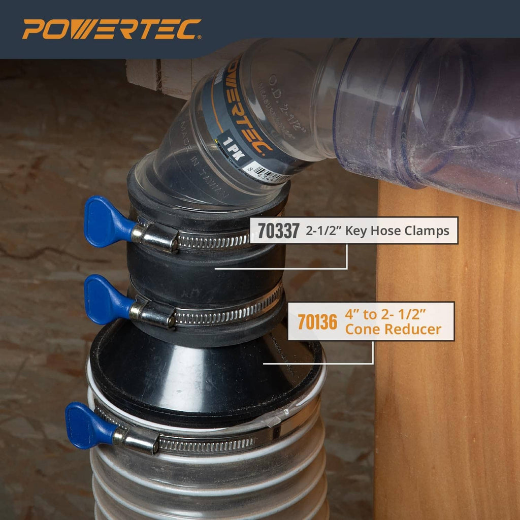 Black cone reducer with metal bands and blue key hose clamps for 4" to 2-1/2"