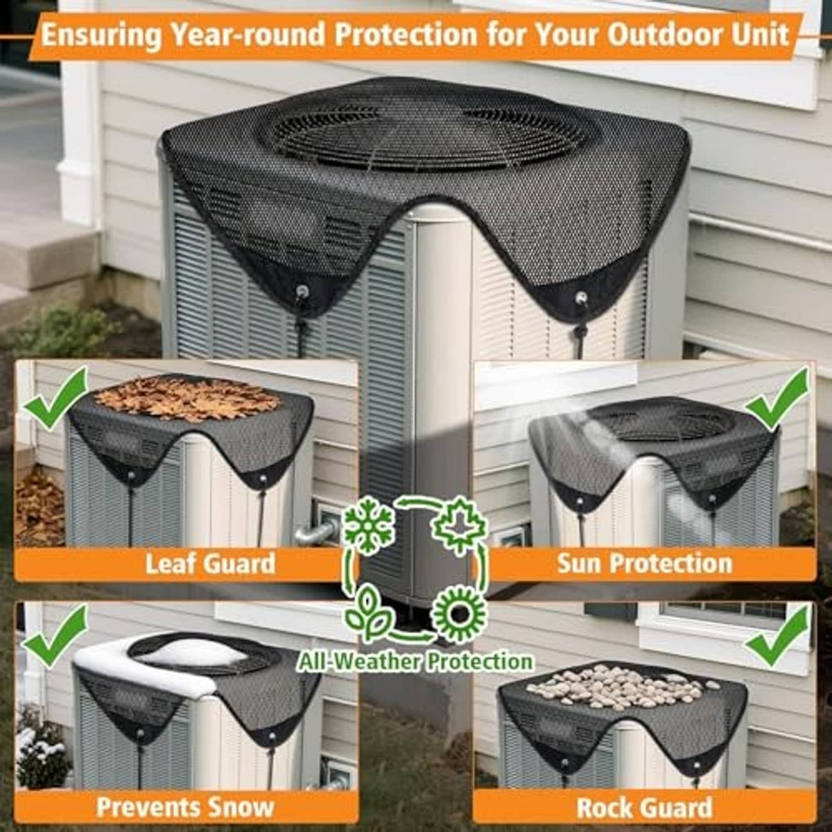 Black mesh air conditioner cover with top vents and V-shaped front opening on unit