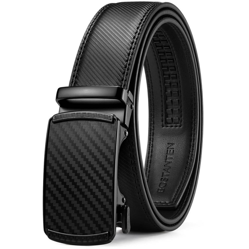 Black leather ratchet belt with textured finish and square buckle, close-up