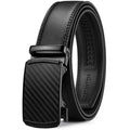 Black leather ratchet belt with textured finish and square buckle, close-up