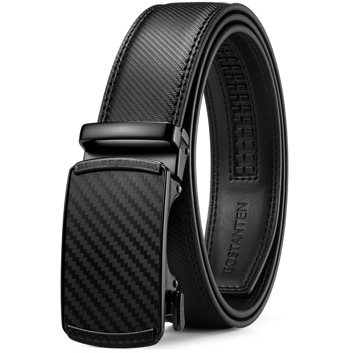 Black leather ratchet belt with textured finish and square buckle, close-up