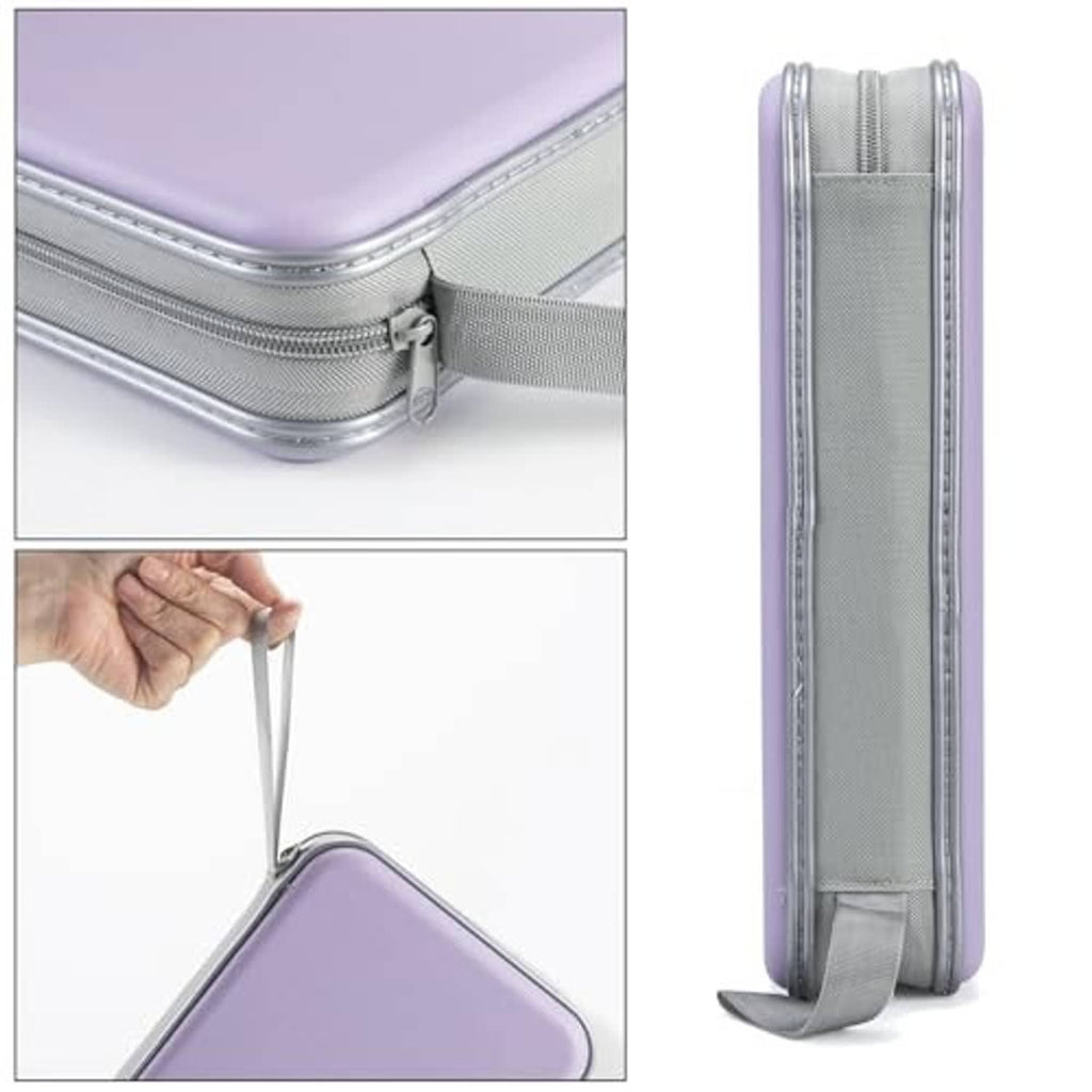 Lavender CD case organizer wallet with gray zipper track and top corner detail.