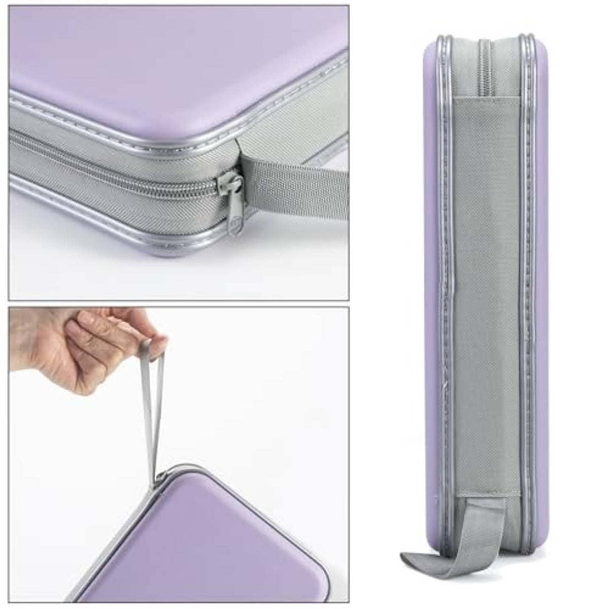 Lavender CD case organizer wallet with gray zipper track and top corner detail.