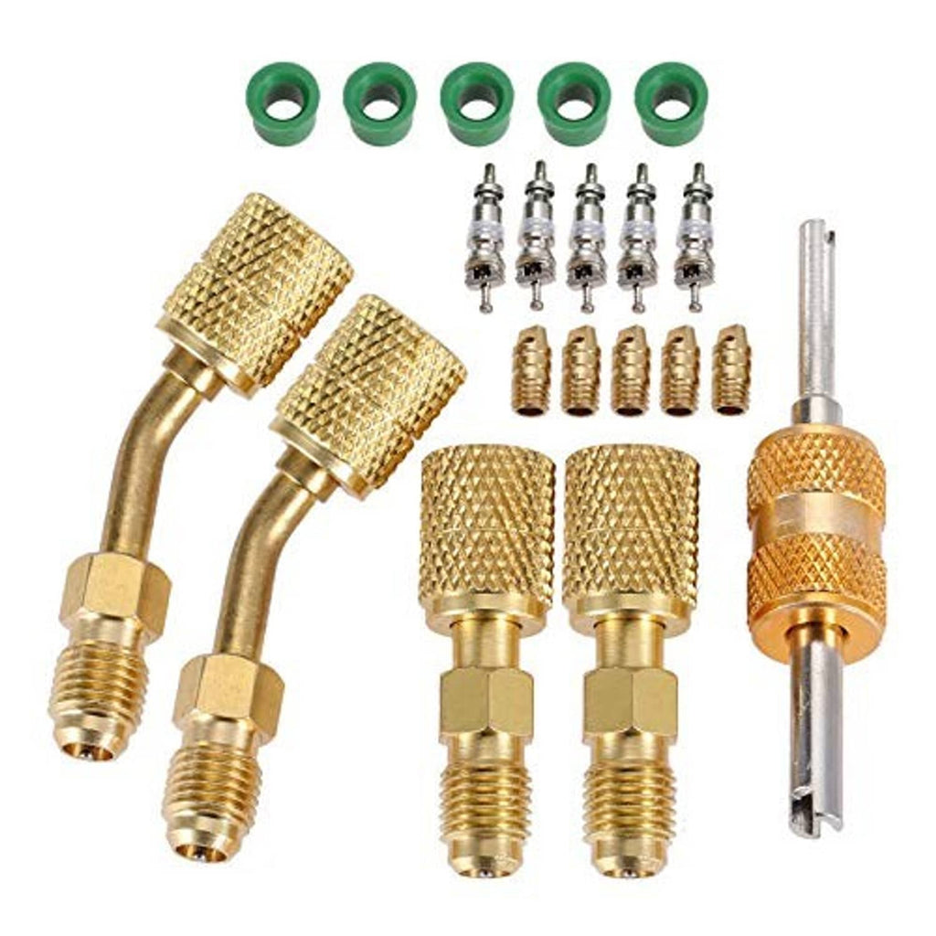 Brass R410A vacuum adapter kit with curved fittings, valve cores, and core removal tool