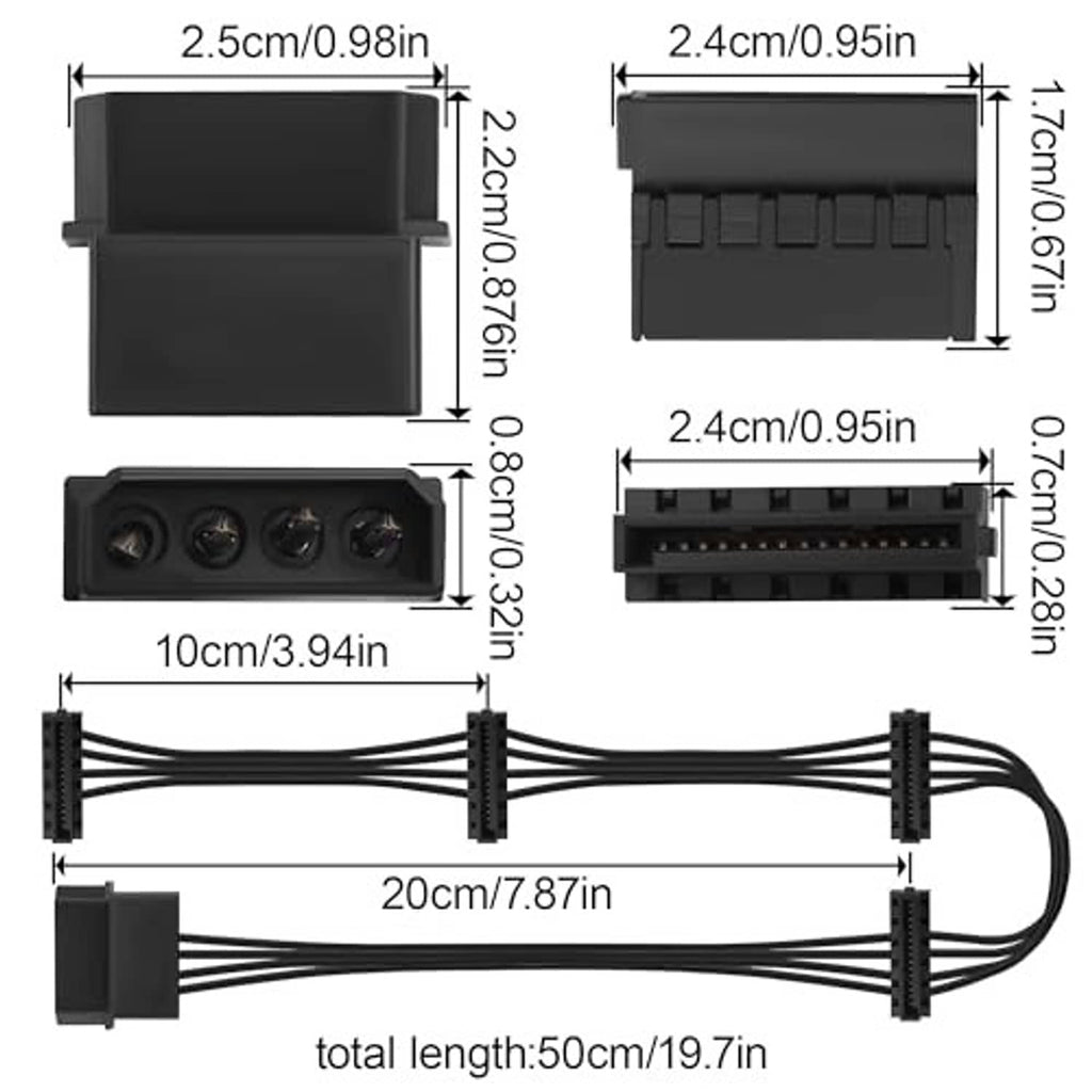 Black Molex-to-SATA power cable with 50cm length and four SATA 15-pin female connectors