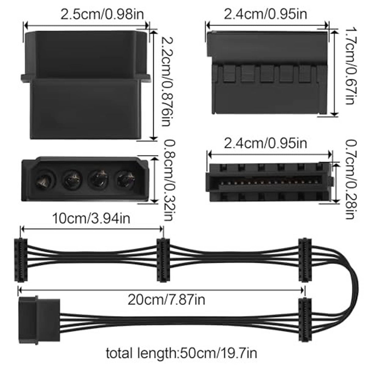 Black Molex-to-SATA power cable with 50cm length and four SATA 15-pin female connectors