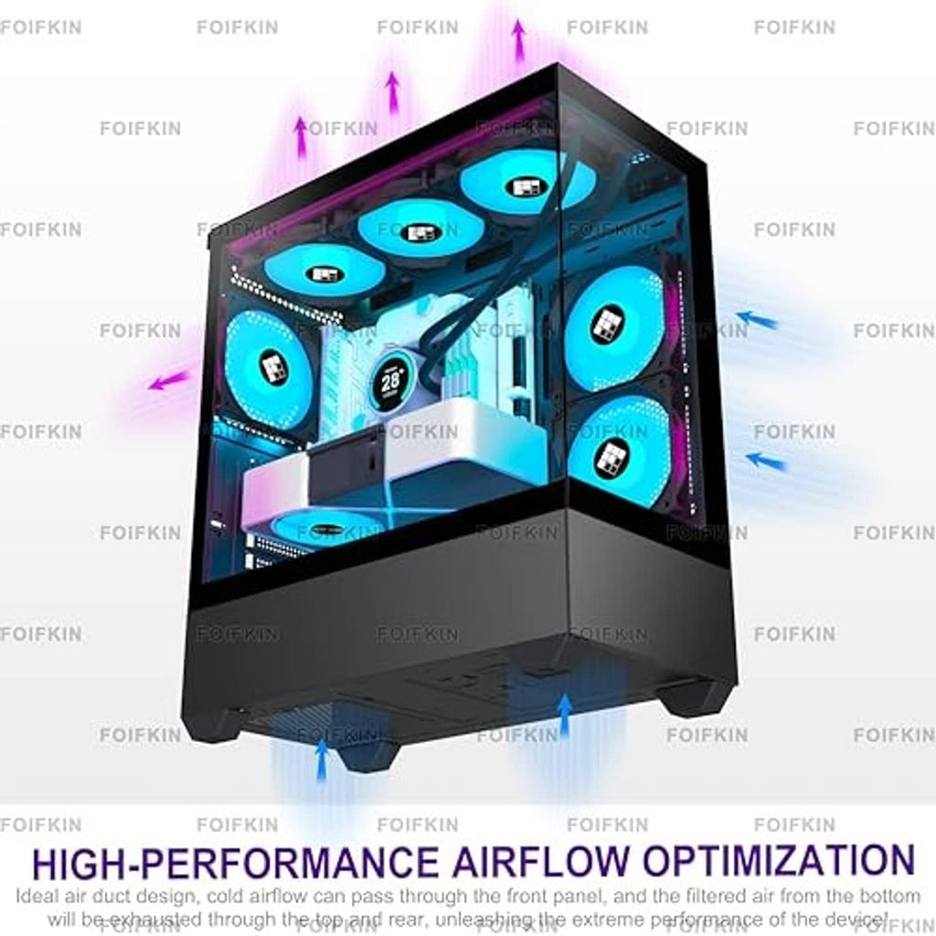 ATX mid-tower PC case with RGB PWM ARGB fans and airflow vents around the front