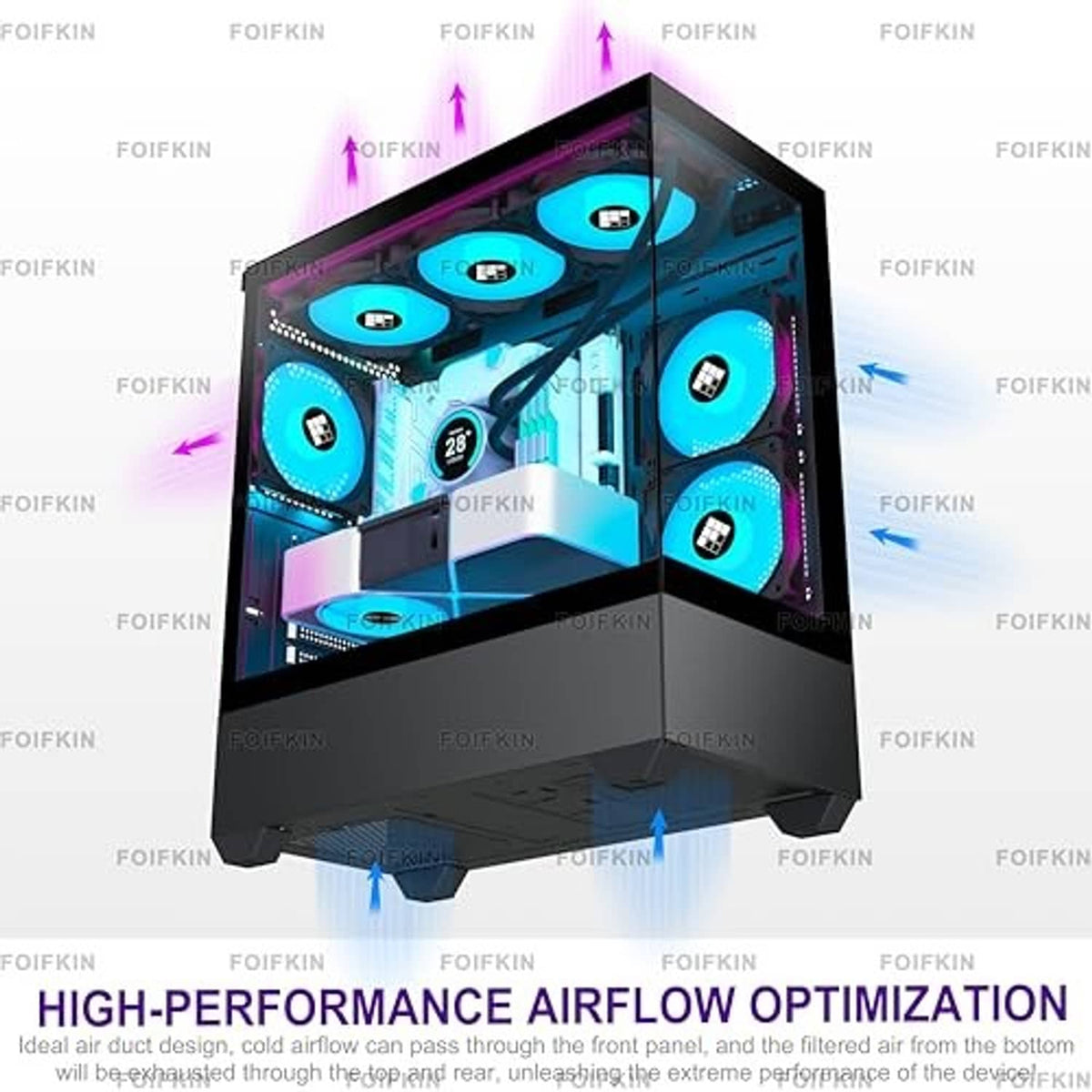 ATX mid-tower PC case with RGB PWM ARGB fans and airflow vents around the front