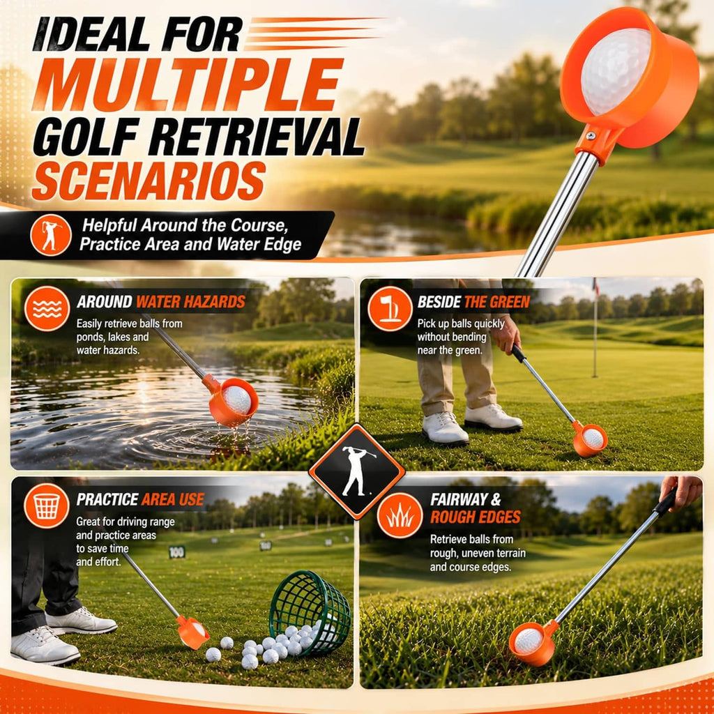Orange golf ball retriever scoop and telescopic shaft for retrieving balls in rough areas
