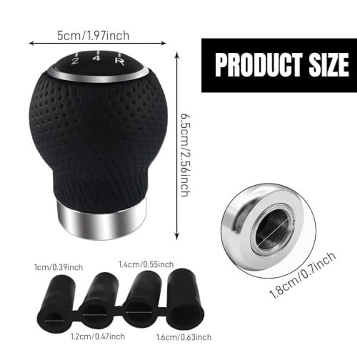 Round black gear shift knob with silver base, size diagram and threaded adapter