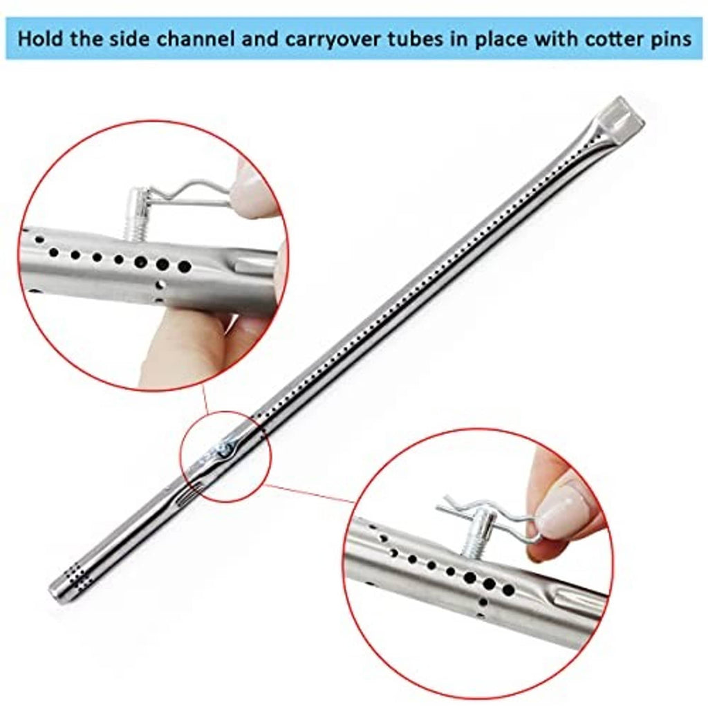 Stainless steel burner tube with cotter pin holes for side channel and carryover tubes