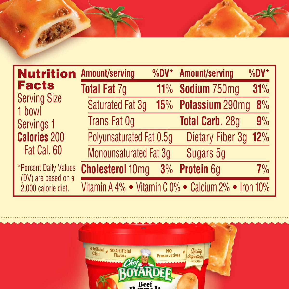 Nutrition facts label for beef ravioli in pasta sauce, serving size 1 bowl