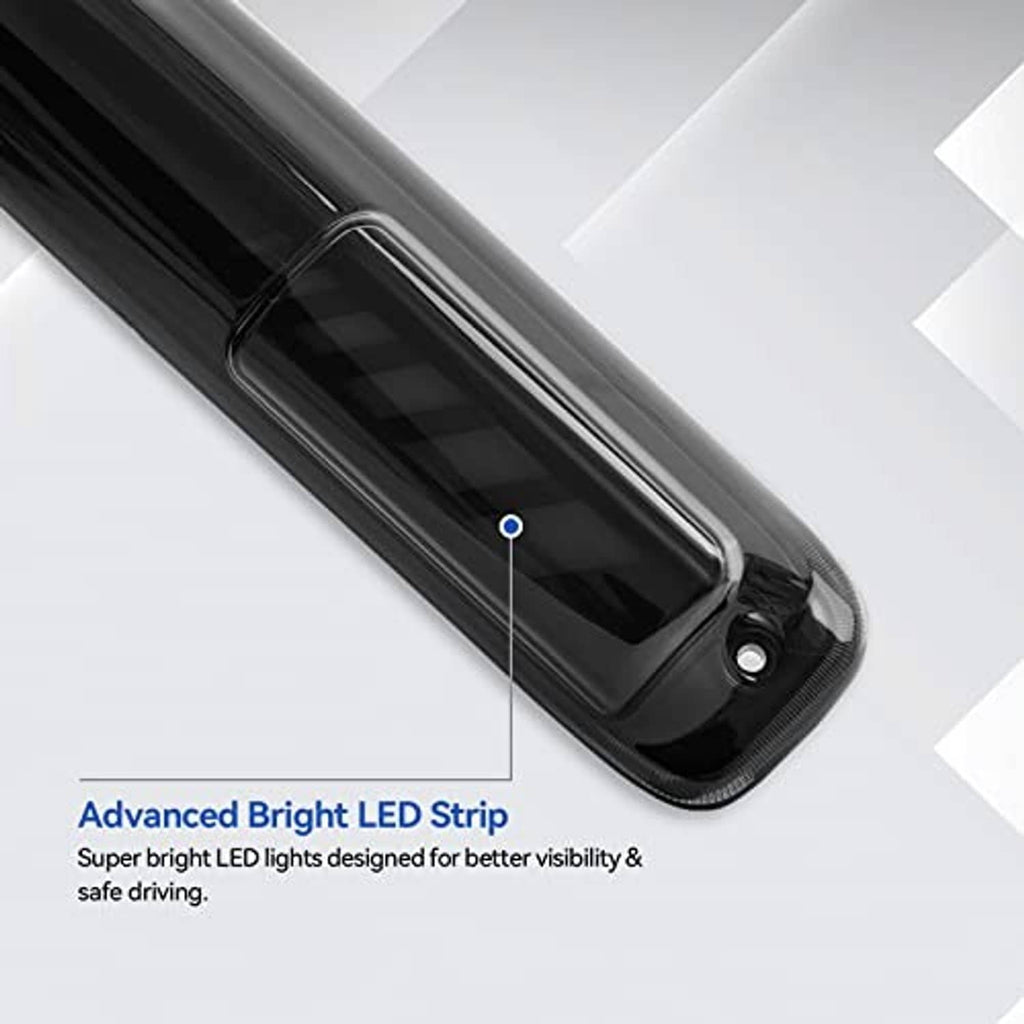 Black third brake light LED strip module with glossy lens and corner mounting hole.