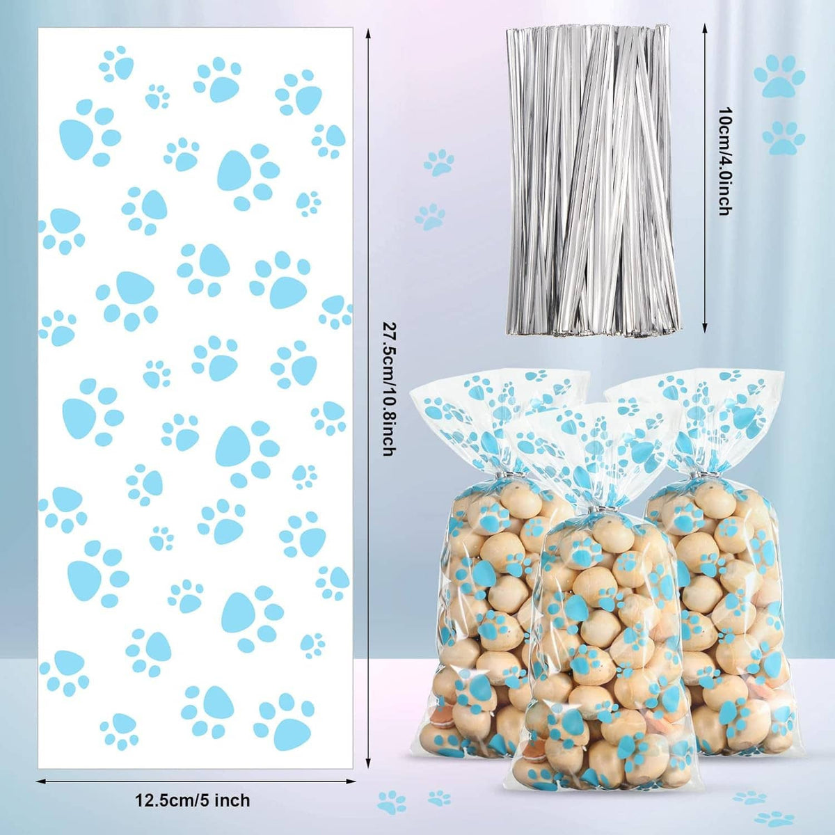 Blue paw print cellophane dog treat bags with size details, plus crimped metal-like seal tops.