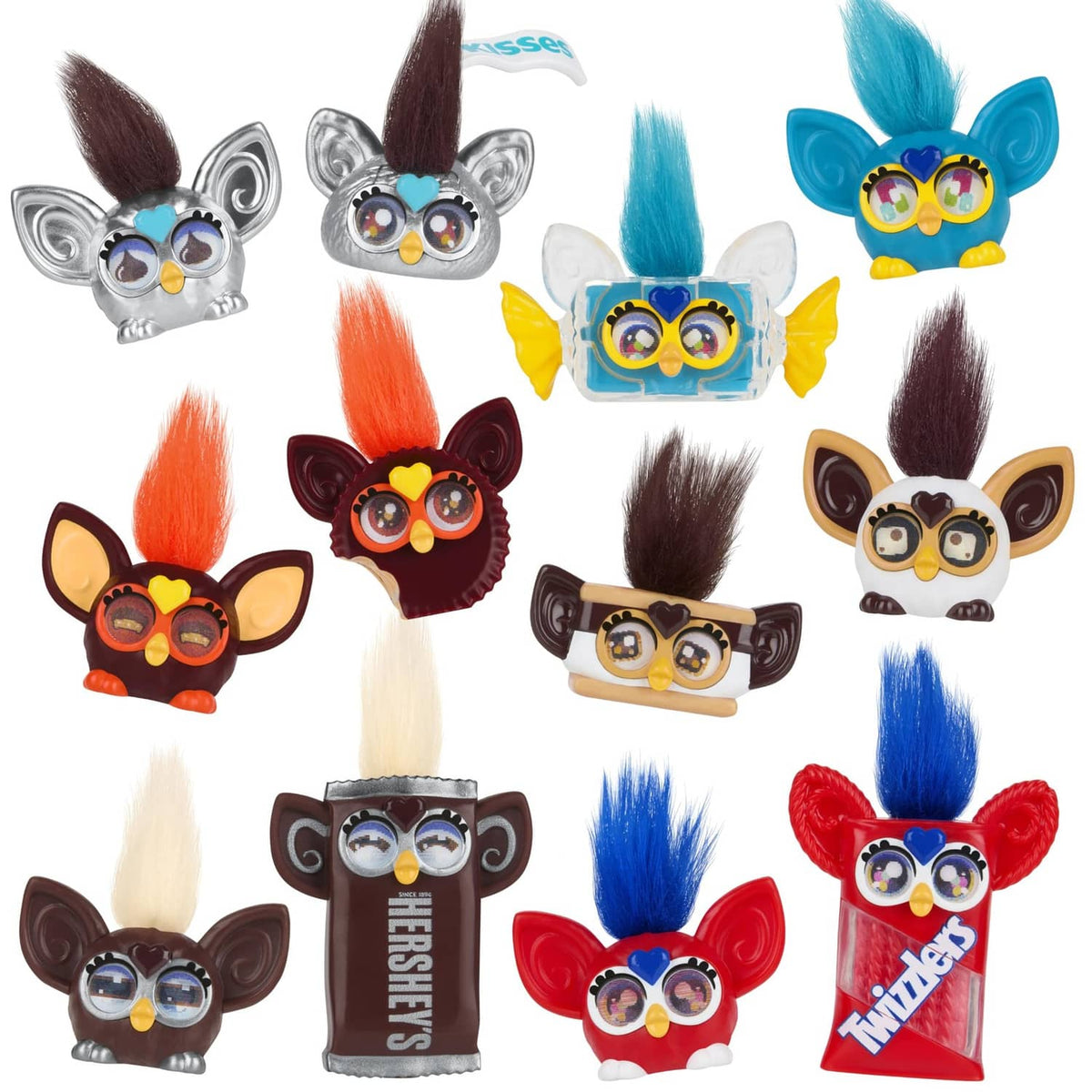 Furby minis 12-pack tiny character figures with colorful hair and glasses, assorted styles