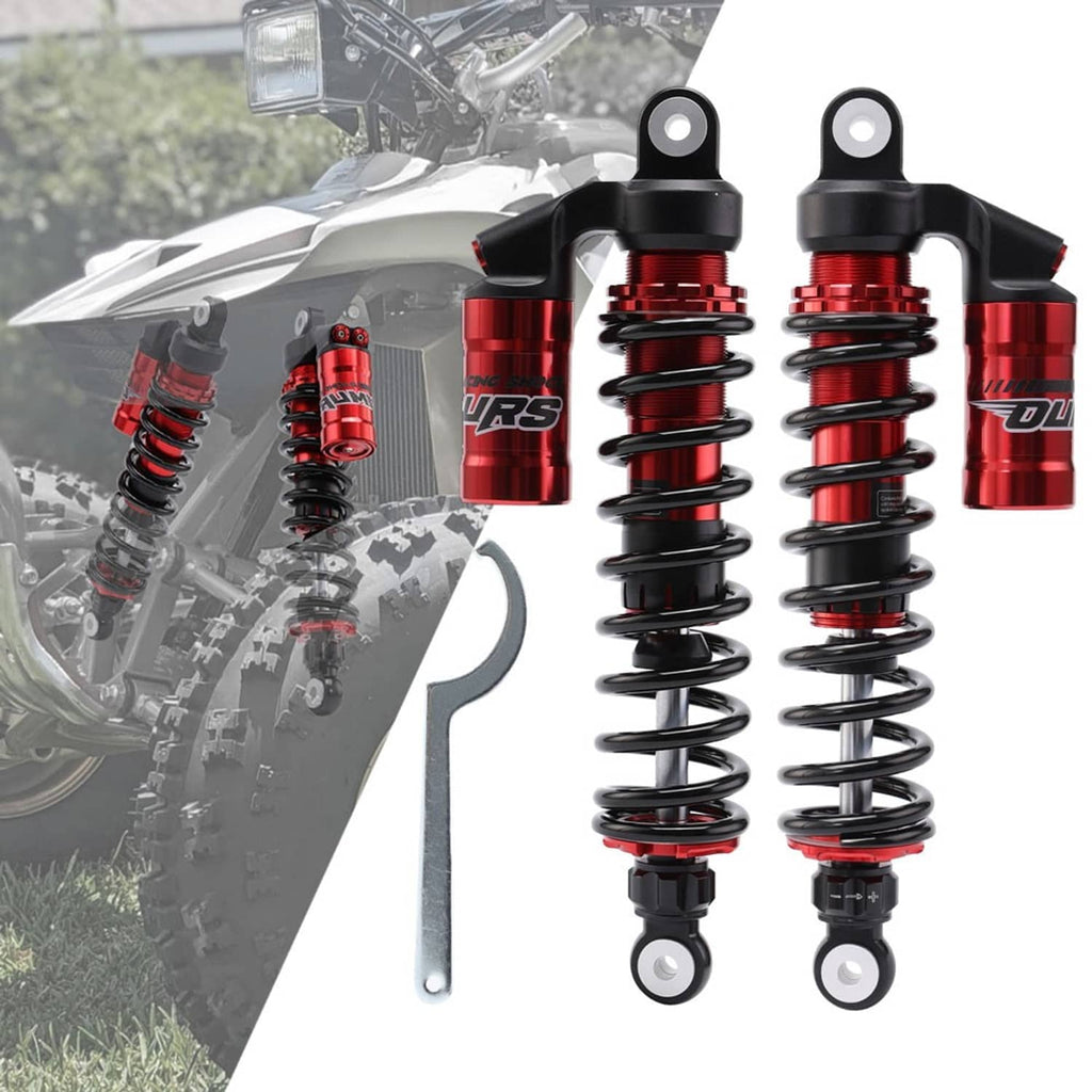 Red and black front shock absorbers with coil springs and top mounting eyelets