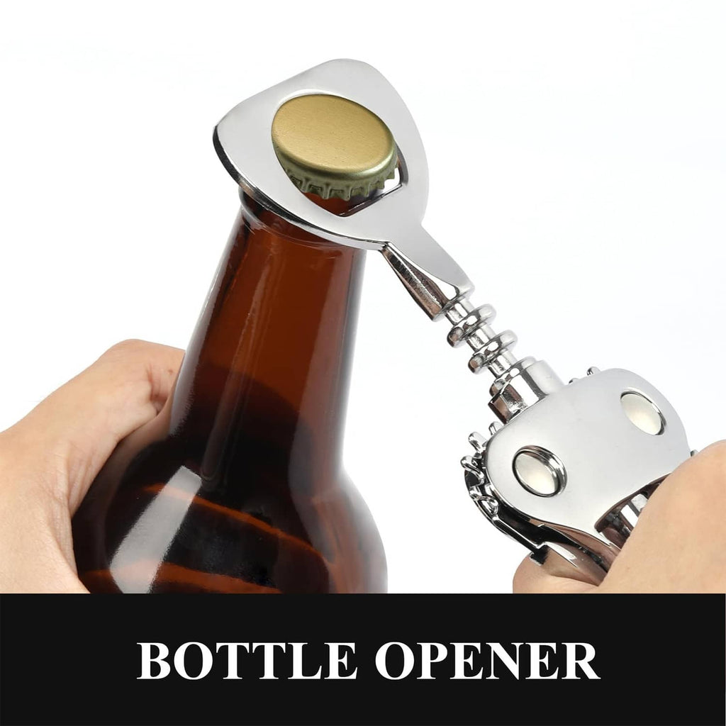 Silver wing corkscrew on a wine bottle with foil seal on top