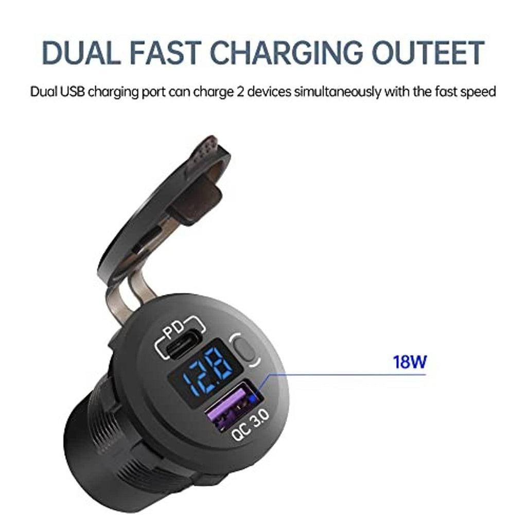 Black dual USB car charger with LED voltmeter and QC 3.0 charging outlet