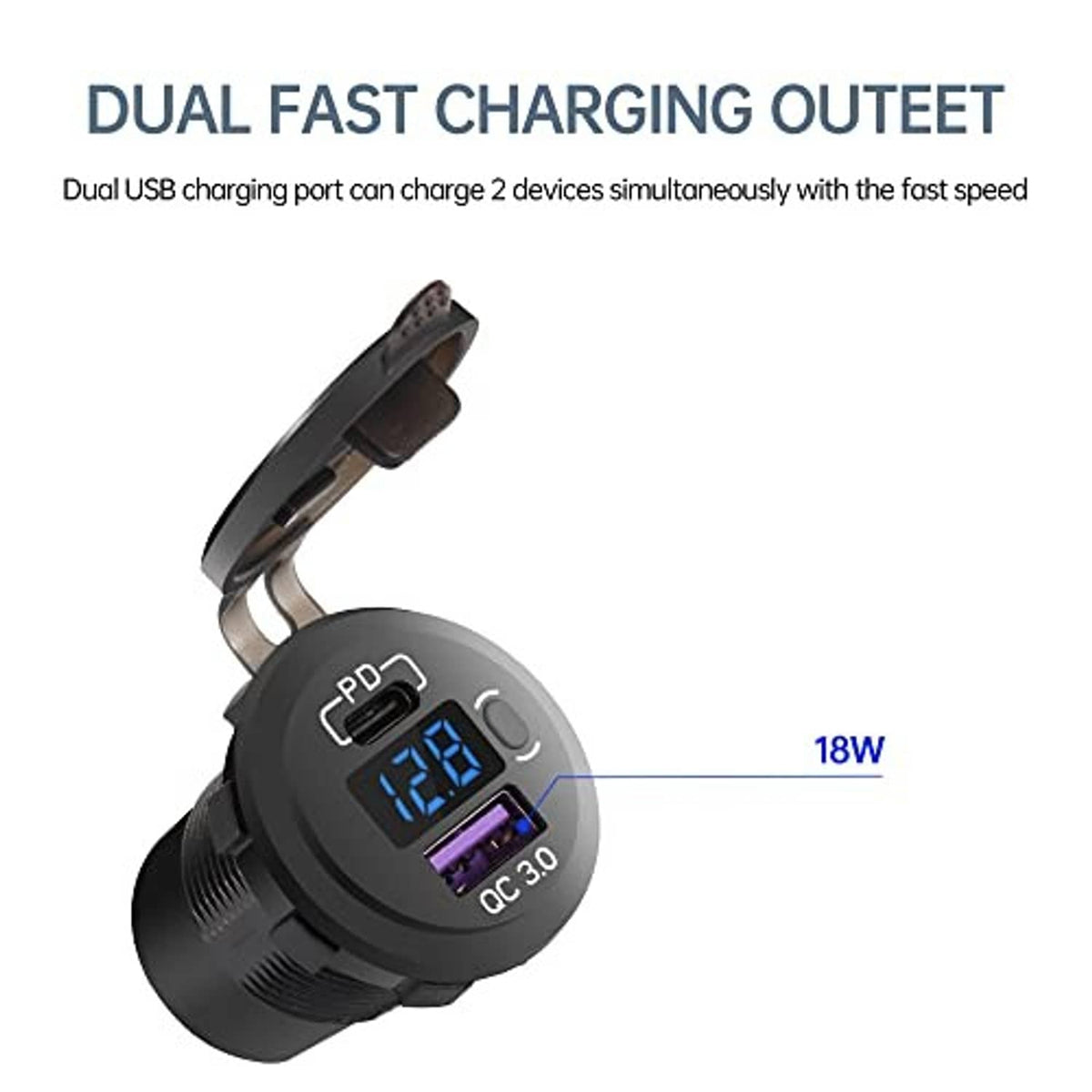 Black dual USB car charger with LED voltmeter and QC 3.0 charging outlet