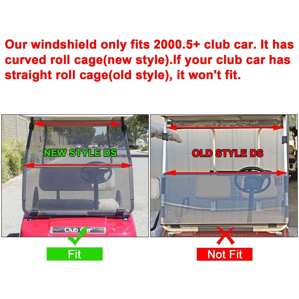 Windshield fitment comparison for club car DS roll cage styles, shows fit and not fit