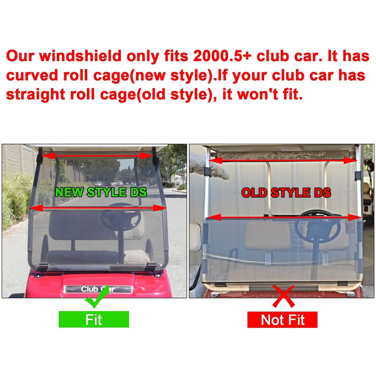 Windshield fitment comparison for club car DS roll cage styles, shows fit and not fit