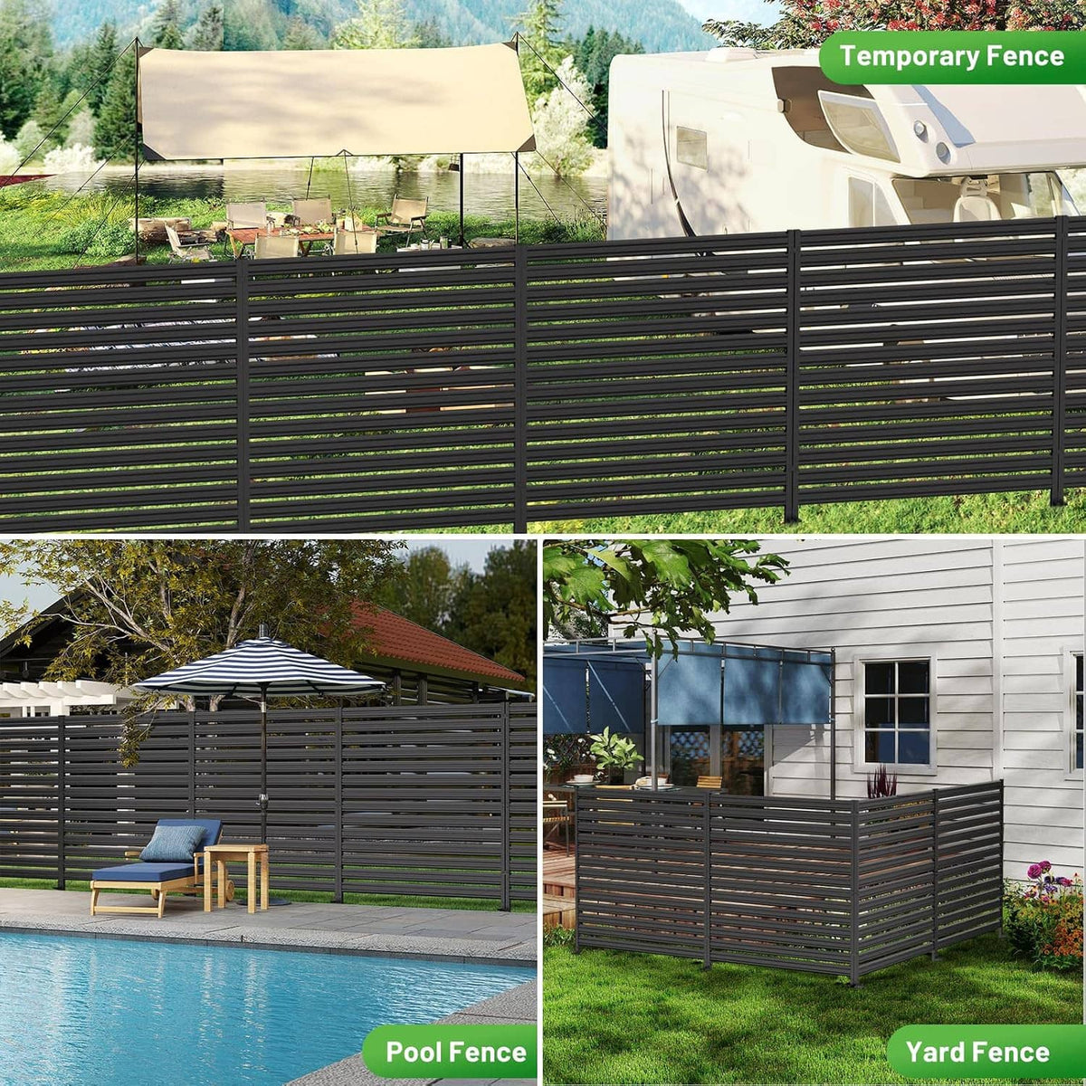 Black metal privacy fence screen with horizontal slats, freestanding yard barrier.