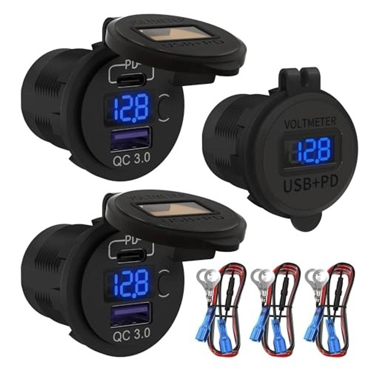 Black 12V car USB-C charger sockets set with voltmeter display and dual USB ports