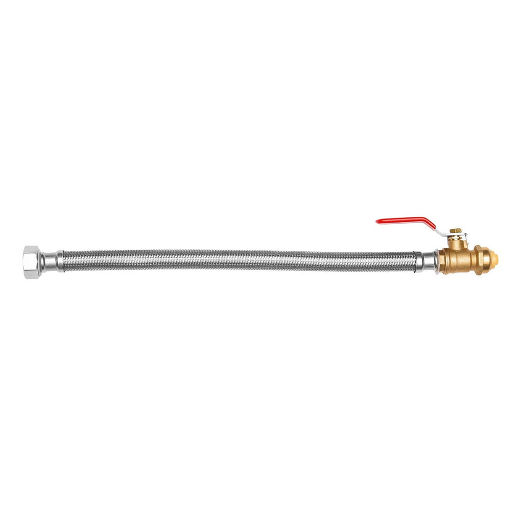 Water heater kit: braided flex hose with brass fittings and red handle ball valve