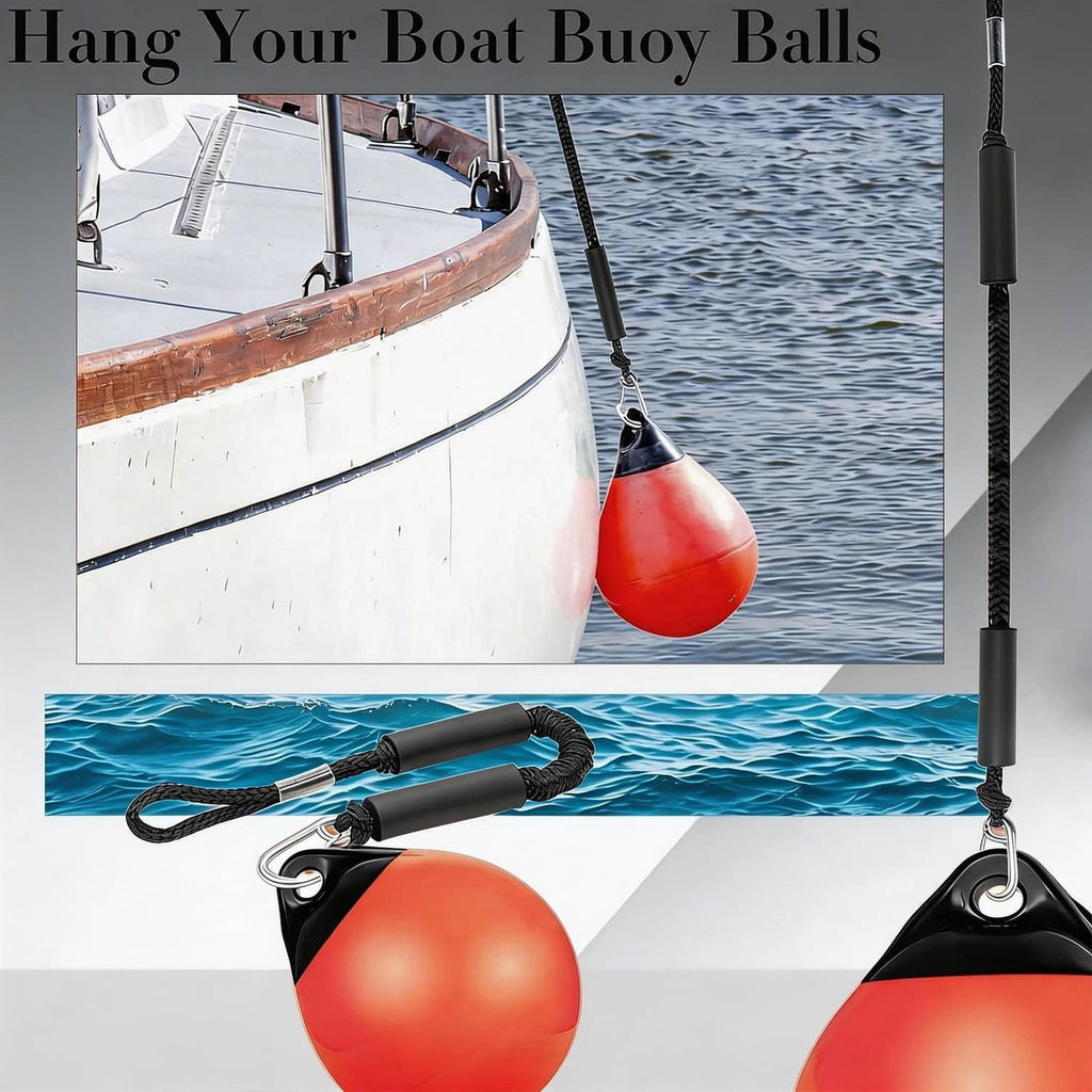 Black bungee dock line with stainless hook and braided rope loop with foam sleeve