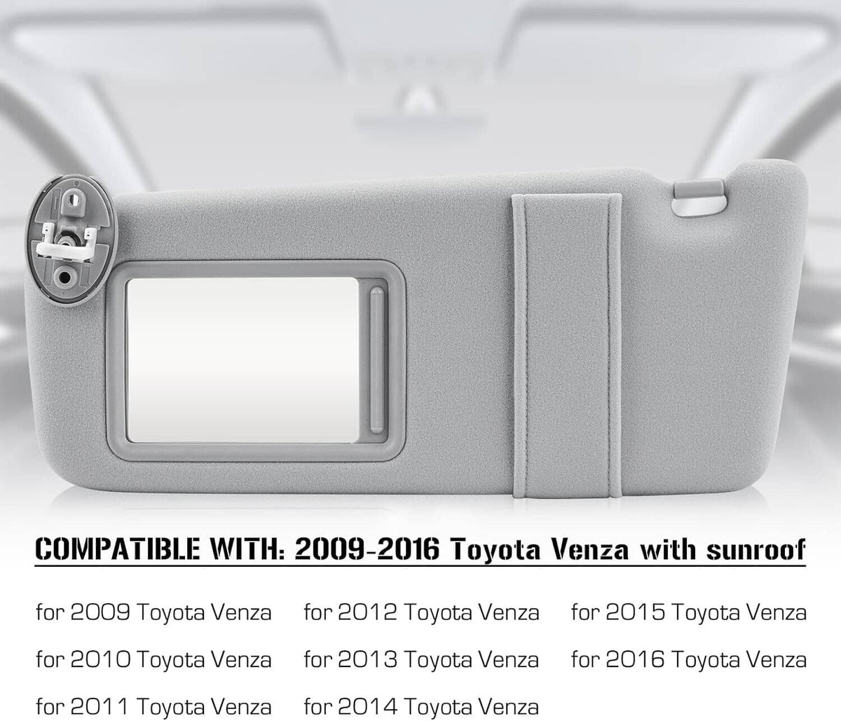 Light gray left driver-side sun visor with rectangular mirror opening and clasp