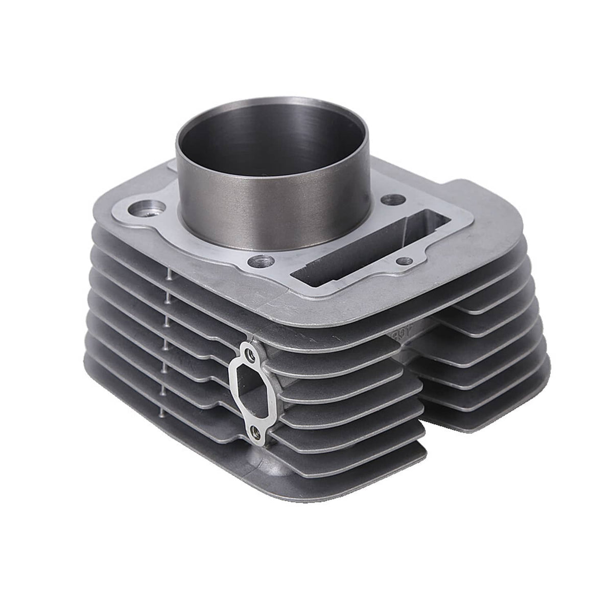 Metal cylinder head assembly with cooling fins and mounting flanges