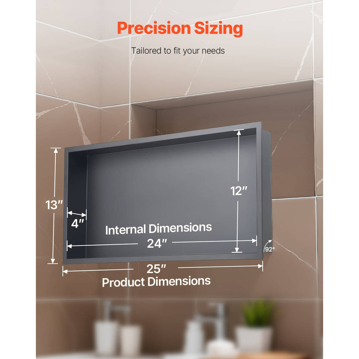 Recessed shower niche wall shelf sizing diagram with internal and product dimensions
