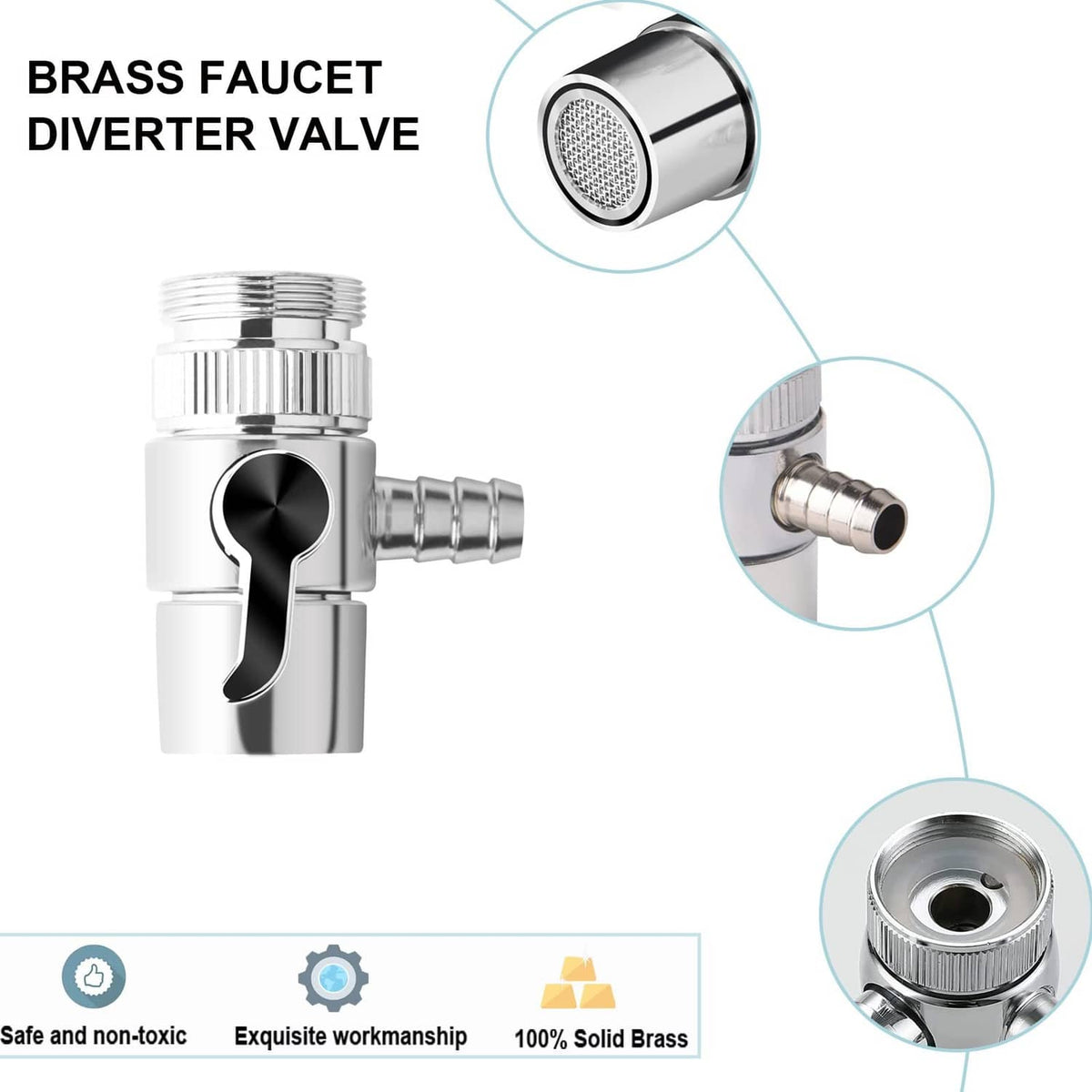 Chrome faucet diverter valve assembly with 9.5mm barb outlet and solid brass body