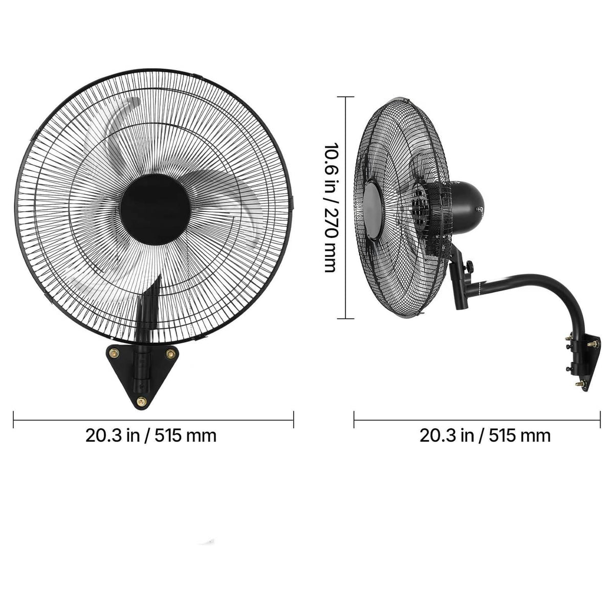 Wall-mounted oscillating fan dimension diagram, 18-inch grille and bracket