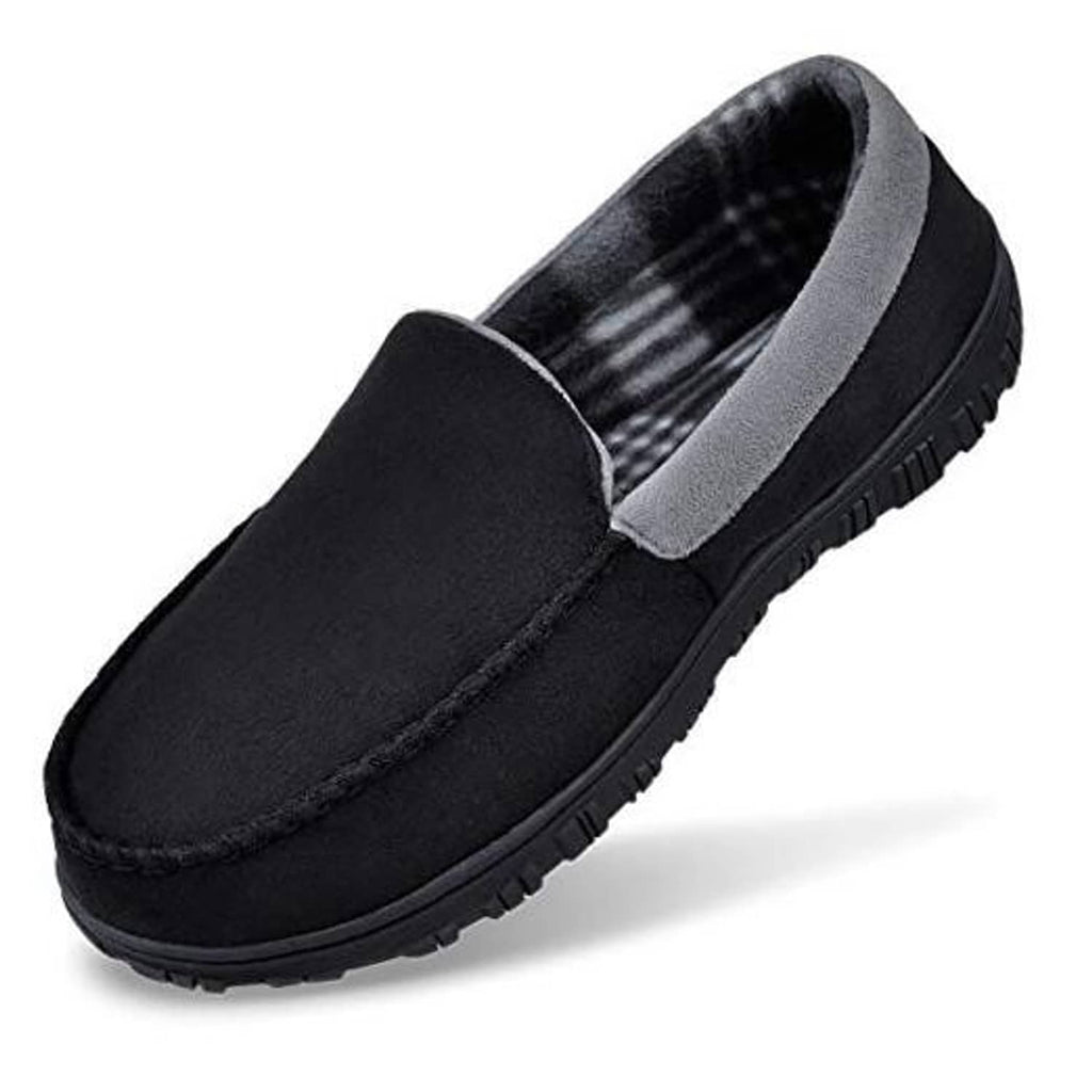 Men’s black moccasin slippers with gray collar and padded sole