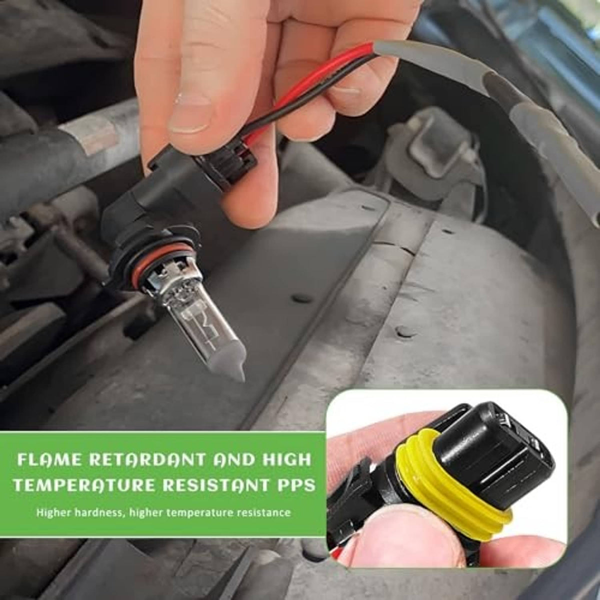 Headlight wiring harness female adapter plug and red/black wires held during car install