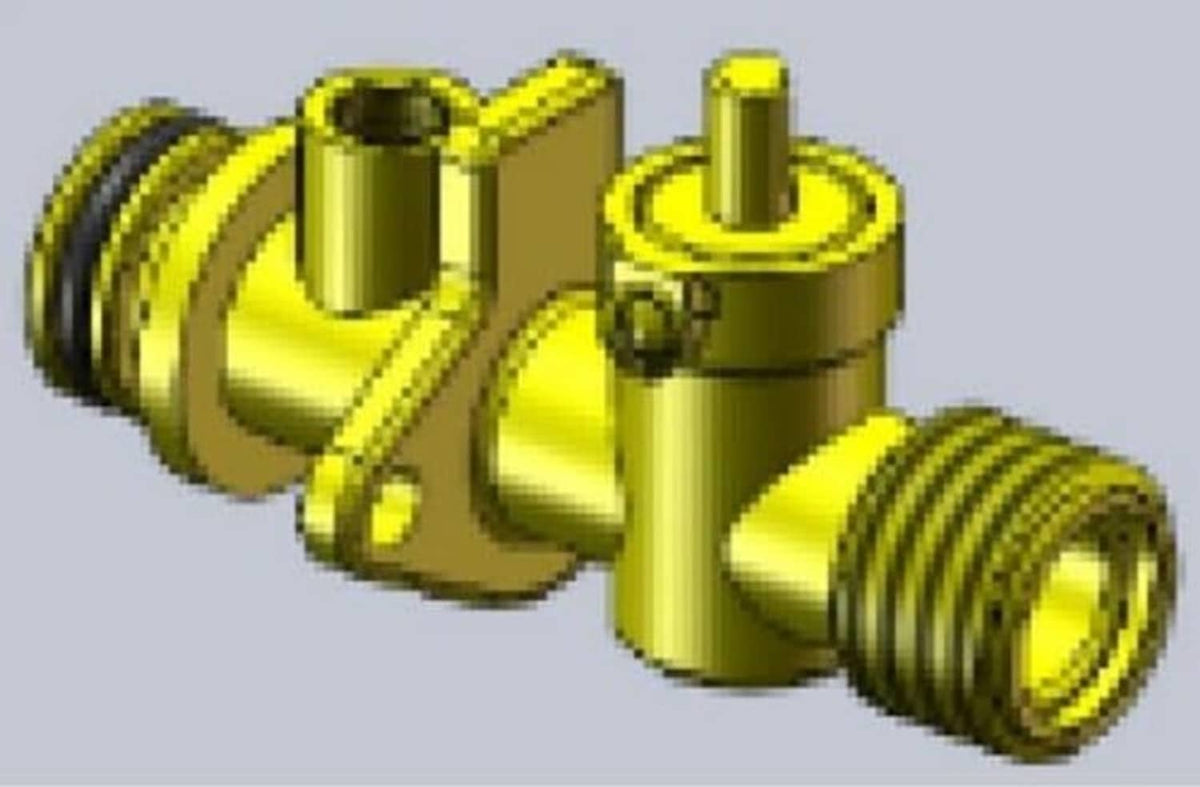 Metal flow switch inlet with threaded outlet and circular top port, side view